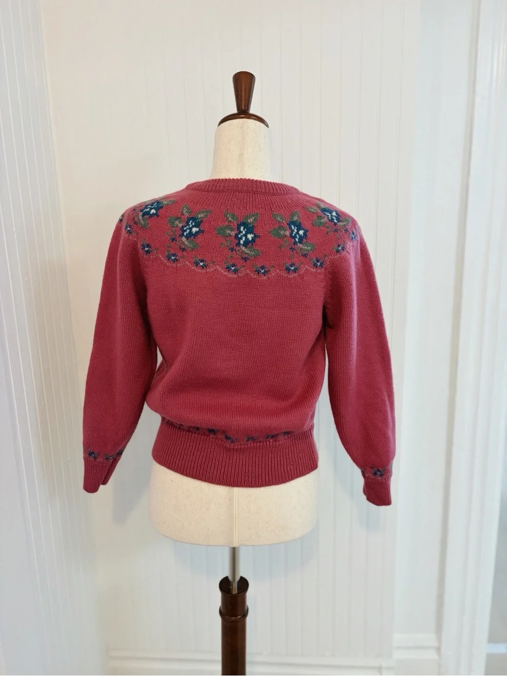 Charter Club Pink Crewneck Sweater with Blue & Green Floral Yoke